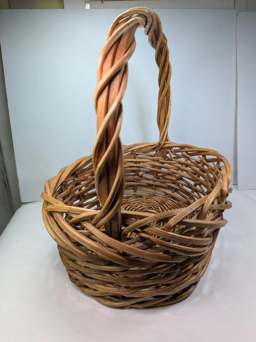 Vintage Extra Large Open Weave Wicker Basket Firm Hand Woven Gathering Basket